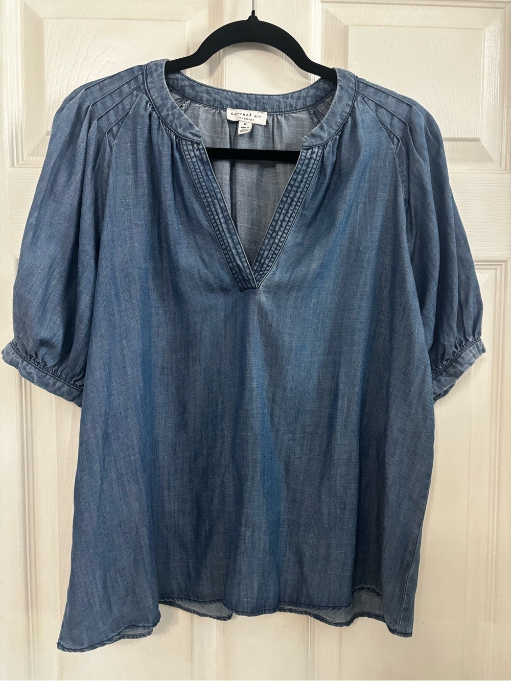 Current Air Blue Chambray V-Neck Puff Sleeve Blouse
